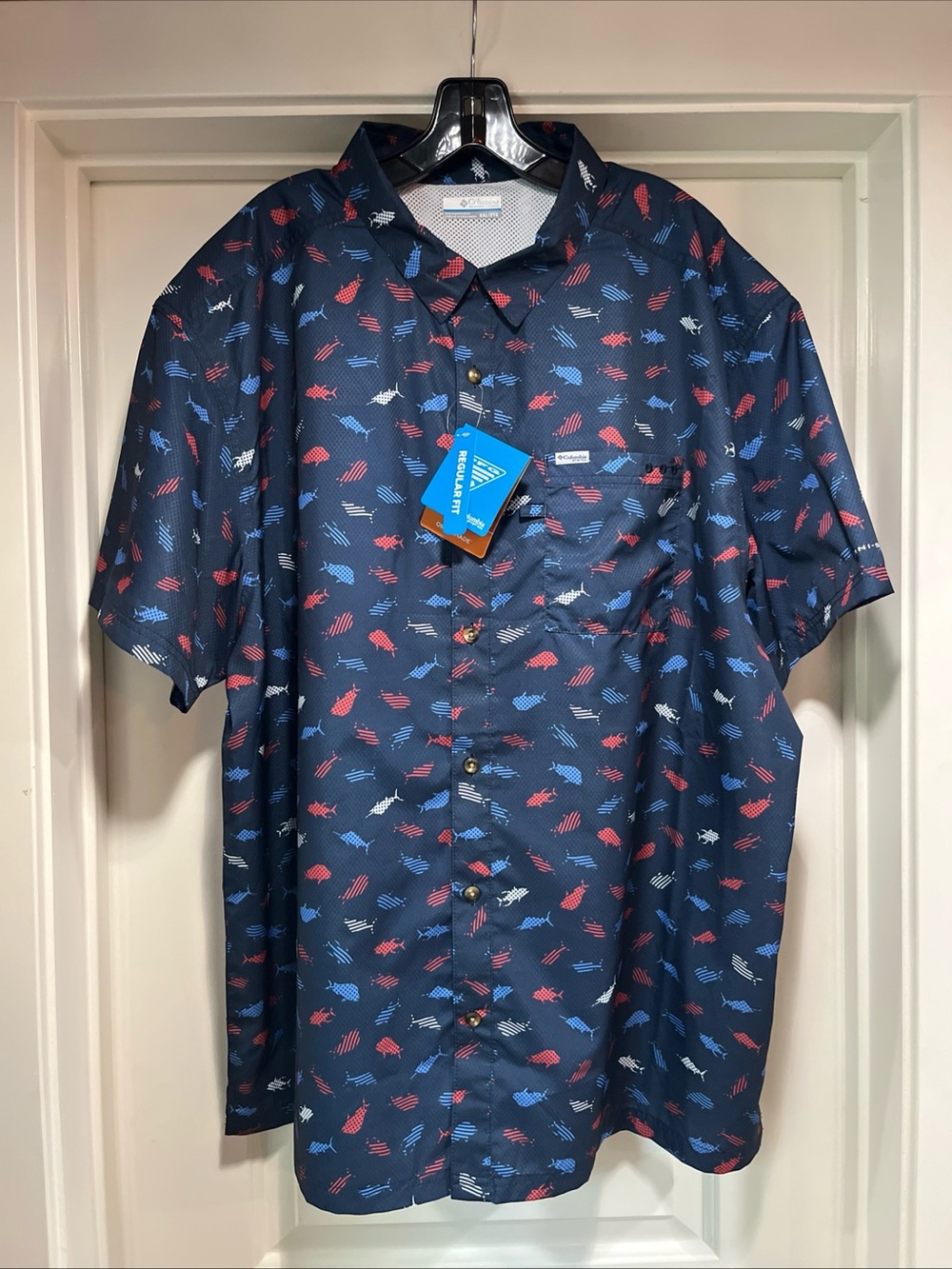 Mens XXL Columbia PFG Super Bluefin Winds Camp Shirt Fish Print Button Down New